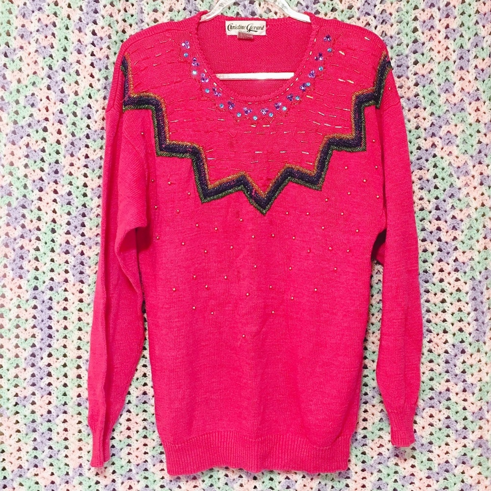 Vintage Bedazzled Beaded Fuchsia Gem Sweater